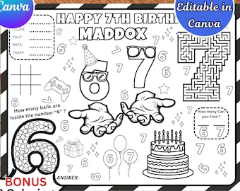 Six Seven Personalized Birthday Coloring Placemat | "6-7" viral meme sheet with 2 Bonus Coloring Page