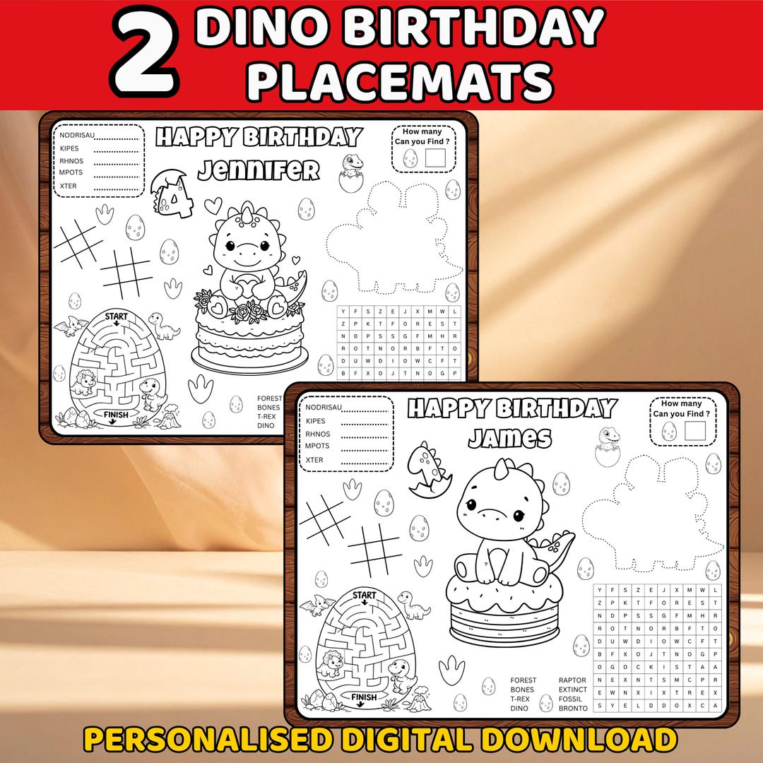 Personalized Dinosaur Birthday Coloring Placemat | Custom Dino Party ...