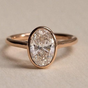 Oval Bezel Set Engagement Ring – Rose Gold Oval Diamond Solitaire – Minimalist Modern Bridal Ring – Unique Handmade Engagement Ring