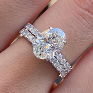 2 Ct Oval Cut Moissanite Wedding Ring Set, Moissanite Engagement Ring Set, Vintage Bridal Set, Art Deco Matching Bands, 14k/18k Gold Ring