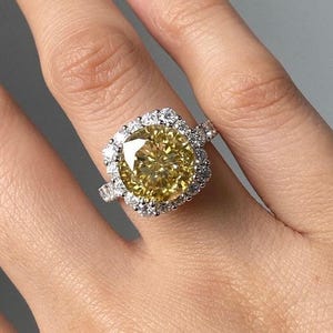 Canary Yellow Diamond Ring - Round Cut Engagement Ring - Fancy Yellow Solitaire in White Gold - Halo Bridal Ring - Luxury Jewelry Gift