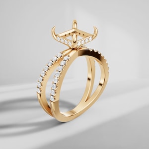 Hidden Halo Princess Cut Semi Mount Engagement Ring, Split Shank Double Band Semi Mount Wedding Ring, Lab Grown Diamond 14K Yellow Gold Ring