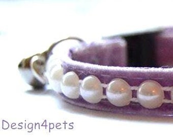 Pearl - velvet cat collar w/pearl ribbon - beautiful lavendel breakaway unique handmade light weight