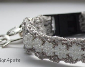 Pearl - breakaway cat collar - silver grey w/pearl ribbon - unique handmade crochet  cat collar