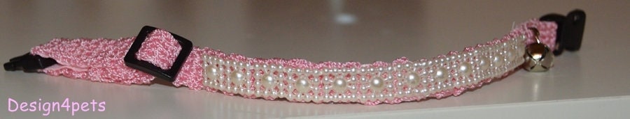 Pearl - beautiful pearl cat collar w/pearl ribbon - unique handmade crochet pink cat collar breakaway