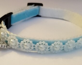 Pearl - breakaway  blue velvet pearl cat collar - beautiful unique handmade cat collar w/pearl ribbon