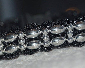 Pearl-  Cat Collar  Black glitter w/ silver pearl ribbon - unique design, lovely soft and light weight,crochet breakaway collar