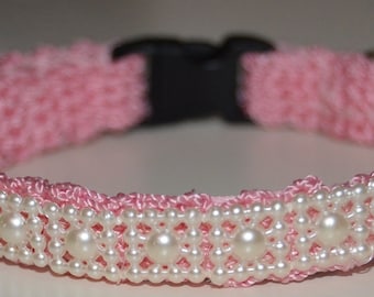 Perle - collier de chat échappé avec ruban de perles - collier de chat rose au crochet fait main unique