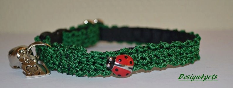 Ladybug Safety breakaway ultra soft crochet Green Cat collar w/ sweet red ladybug unique crochet soft adjustable breakaway cat collar image 1