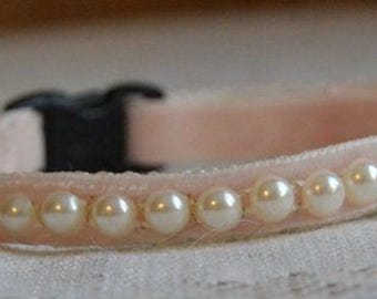 Pearl - breakaway  pearl cat collar - beautiful unique handmade soft velvet cat collar w/pearl ribbon