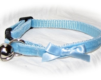 Spirit - Blue velvet breakaway adjustable Cat Collar w/ bow - unique handmade soft light weight cat collar