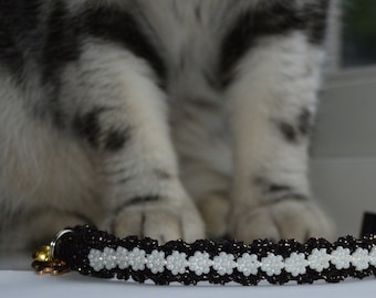 Pearl  - black/gold glitter w/pearl ribbon - unique handmade breakaway cat collar
