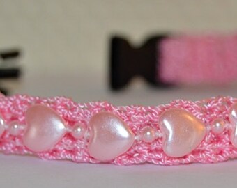 Amour - Pink ultra soft crochet Cat collar w/heart ribbon