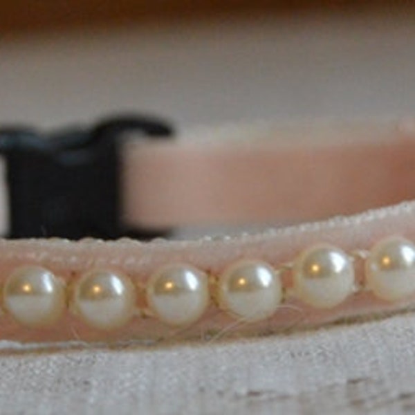 Pearl - velvet cat collar w/pearl ribbon - beautiful breakaway unique handmade light weight