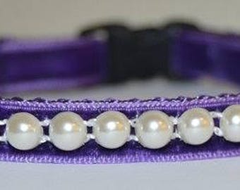 Pearl - breakaway purple cat collar w/pearl ribbon - beautiful unique handmade breakaway soft velvet cat collar