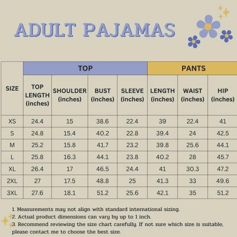 Puede incluir: Una tabla de tallas para pijamas de adulto, con medidas en pulgadas para la parte superior y los pantalones. La tabla incluye tallas XS a 3XL, detallando la longitud de la parte superior, hombro, busto, manga, largo, cintura y cadera.