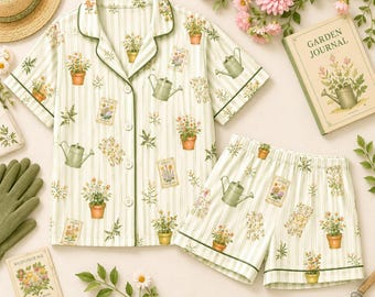 Gardening Pajama Set Garden Lover Pajamas Floral Sleepwear Botanical Loungewear Plant Mom Gift Long Sleeve Short Sleeve PJ Set