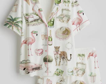 Conjunto de pijama de satén Miami Beach para mujer, estampado de palmeras de acuarela para vacaciones de verano, manga larga, ideal como regalo de viaje tropical.