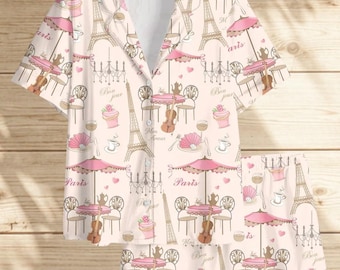 Conjunto de pijama de viaje a París para mujer, pijama de satén con la Torre Eiffel y la inscripción "Bonjour", manga larga o corta, ropa de dormir francesa.