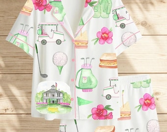 Conjunto de pijama de satén para golfistas, para mujer, con estampado de golf en acuarela de manga larga y corta, ropa de dormir suave y cómoda, un bonito regalo para aficionadas al deporte.