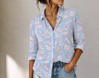 Vintage Mahjong Print Women’s Button Up Shirt, Chinoiserie Long Sleeve Blouse, Asian Aesthetic Top, Mahjong Lover Gift for Her