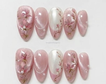 Pink Magnolia Cat Eye Press On Nails, Pearl Floral Wedding Fake Nails, Soft Elegant Korean Gel Nail Art, Spring Cherry Blossom Almond