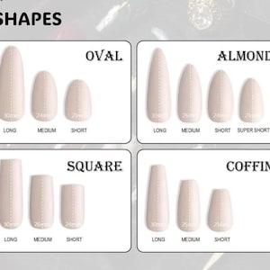 Op de afbeelding: Afbeelding met nagelvormen: ovaal, amandel, vierkant en kist. Elke vorm wordt getoond in lange, middellange en korte lengtes, met afmetingen in mm. De tekst "SHAPES" staat bovenaan.