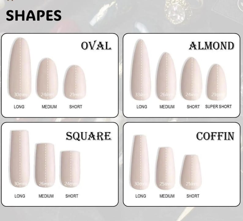 Op de afbeelding: Afbeelding met nagelvormen: ovaal, amandel, vierkant en kist. Elke vorm wordt getoond in lange, middellange en korte lengtes, met afmetingen in mm. De tekst "SHAPES" staat bovenaan.