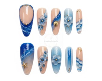 Holiday Blue Blooming Flower Nails/Blue Flower Press on nails long almond nails/Blue French Nails/Holiday Nails/Starfish Nails/Shell Nails