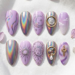 Holographic Purple Chrome Press On Nails | Celestial Sun Moon Star 3D Charm Fake Nails | Witchy Custom Reusable Gel Nails