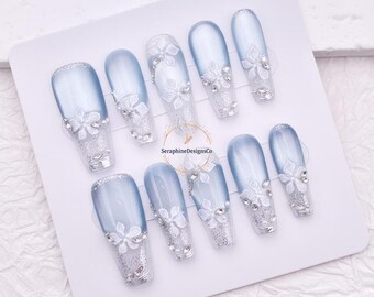 Blue Silver Press On Nails with Floral Design, Icy Ombre Long Square Nails, Elegant Glitter Fake Nails, Reusable Winter Gift