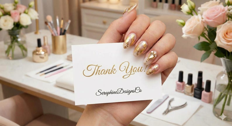 Op de afbeelding: Een hand die een witte kaart vasthoudt met gouden tekst "Thank You!" en "SeraphineDesignsCo". De nagels zijn versierd met bladgoudontwerpen. De achtergrond bevat nagellak, make-up borstels en bloemen.