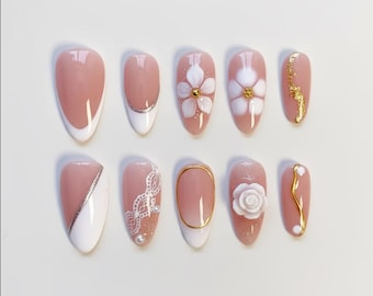 Bloom Flower White French Press On Nails Short Almond Nails/3d Gold Chrome Nails/White French nails/Flower Nails/Holiday Nails/Daily Nails