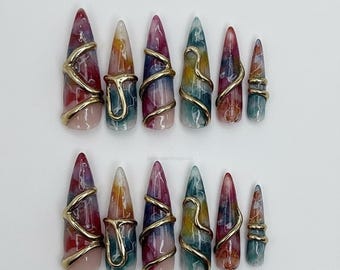 Gold Wire Wrapped Press On Nails | Luxury Marble Nail Art | Edgy Glam Fake Nails | Sculptural Nail Design Nails | Trendy Nail Art |