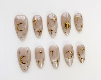 Aura press on nails long almond nails/Moon&Sun StarNails/Cat eye nails/Aura Nails/gyaru nails/gothic nails/Black Nails/Birthday Nails
