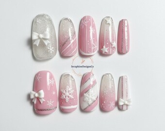 Candy Pink Christmas Press On Nails | Pink & White Snowflake Nails | 3D Bow Holiday Nail Art | Sweet Winter Nail Design |