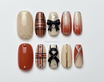 Reusable Classic Autumn Breeze | Press On Nails, Acrylic Nails, Reusable Fake Nails, Custom Nails, Handmade Nails, Flower Nails
