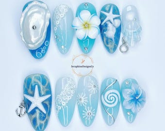 Ocean Blue 3D Beach Nails – Handmade Summer Press On Nails with Shell, Starfish & Flower Designs – Glossy Mermaid Jelly Nail Set