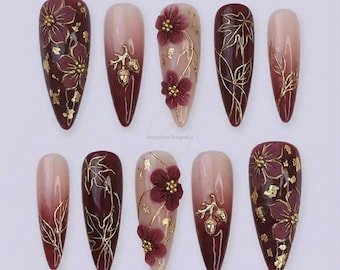 Burgundy Ombre Autumn Press on Nails | 3D Red Flower Gold Foil Leaf Fake Nails | Fall Acorn Harvest Nail Art | Luxury Reusable Gift Set