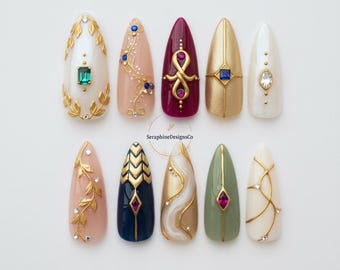 Freestyle Luxury Baroque Gold 3D Press On Nails with Cross Pearl Gem Design, Long Almond Handmade Gothic Nail Art Set For Party