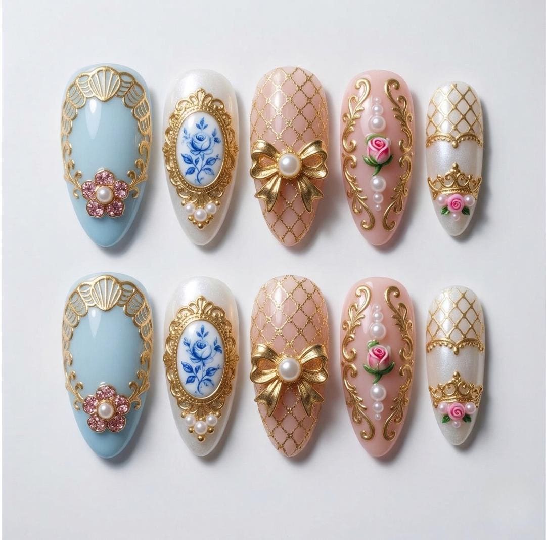 Bridgerton Royal Press On Nails, Vintage Rococo Fake Nails, 3D Gold Bow & Pearl False Nails, Victorian Coquette Princess Nail Art