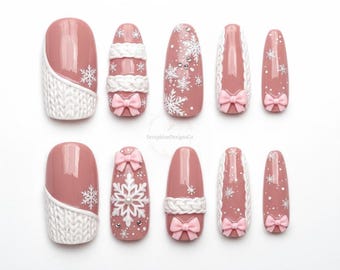 Ongles de Noël roses/texture chandail Ongles/ongles d'hiver/clous de neige/Noël Presse sur les ongles Ongles longs en amande/Ongles roses/Ongle mignon
