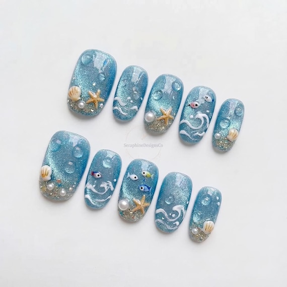 Blue Ocean Water Press On Nails, 3D Droplet & Tiny Fish Art, Summer Beach Starfish Glitter, Sea Wave Vacation Handmade Fake Nails