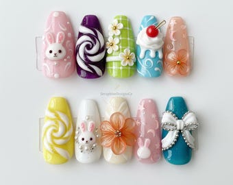 Kawaii Y2K Pastel Press On Nails, Colorful 3D Cute Playful Bunny and Candy Theme Nail Set, Handpainted Nails with Charms, Summer cute nails