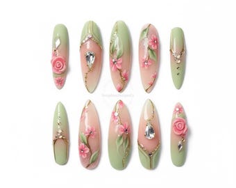 Enchanted Garden Press On Nails | 3D Pink Floral Nail Art | Green Gold Luxury Fake Nails | Elegant Nature Press Ons |Nature Nail Art |