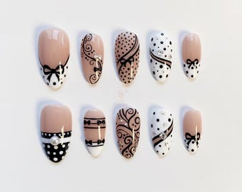 White French polka dots nails/Cute press on nails long almond nails/Bow Nails/Cute Nails/Kawaii Nails/Birthday Nails/Fall Nails/Custom Nails