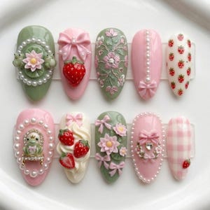 Coquette 3D Press On Nails | Strawberry & Frog Nail Art | Pastel Pink Sage Green Vintage Kawaii | Handmade Pearls Bows Cottagecore Nails Set image 1