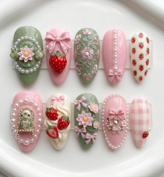 Coquette 3D Press On Nails | Strawberry & Frog Nail Art | Pastel Pink Sage Green Vintage Kawaii | Handmade Pearls Bows Cottagecore Nails Set