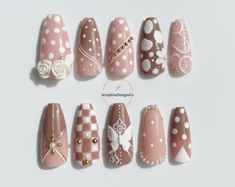 Choco Strawberry Polka Dot Press-On Nails – Cute Pink & Brown Almond French Tip Set, Retro Reusable Nails Set