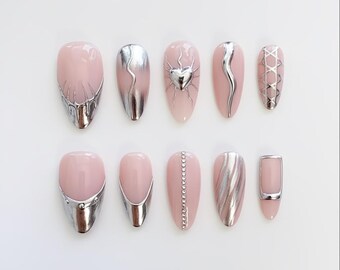 Y2K Nails/Gothic Nails/Silver Chrome Nails/Silver Press on nails long almond nails/French Nails/Heart Nails/goth nails/silver nails